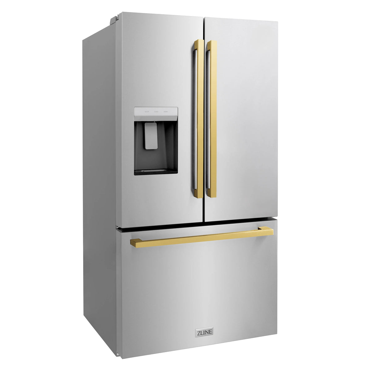 ZLINE - Autograph Edition 36 in. 28.9 cu. ft. Standard-Depth French Door External Water Dispenser Refrigerator with Dual Ice Maker in Fingerprint Resistant Stainless Steel and Polished Gold Square Handles (RSMZ-W-36-FG)
