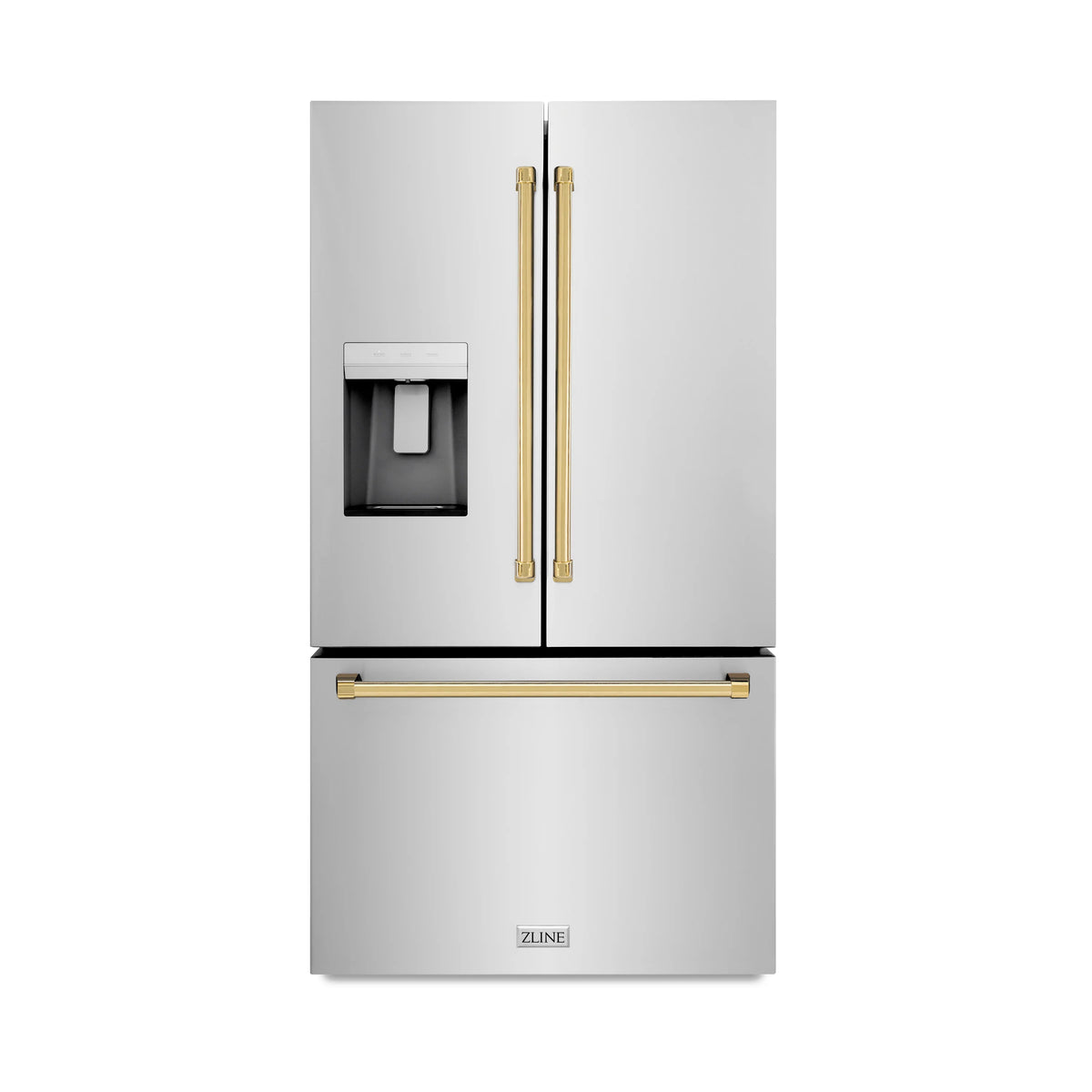 ZLINE - Autograph Edition 36 in. 28.9 cu. ft. Standard-Depth French Door External Water Dispenser Refrigerator with Dual Ice Maker in Fingerprint Resistant Stainless Steel and Polished Gold Handles (RSMZ-W-36-G)
