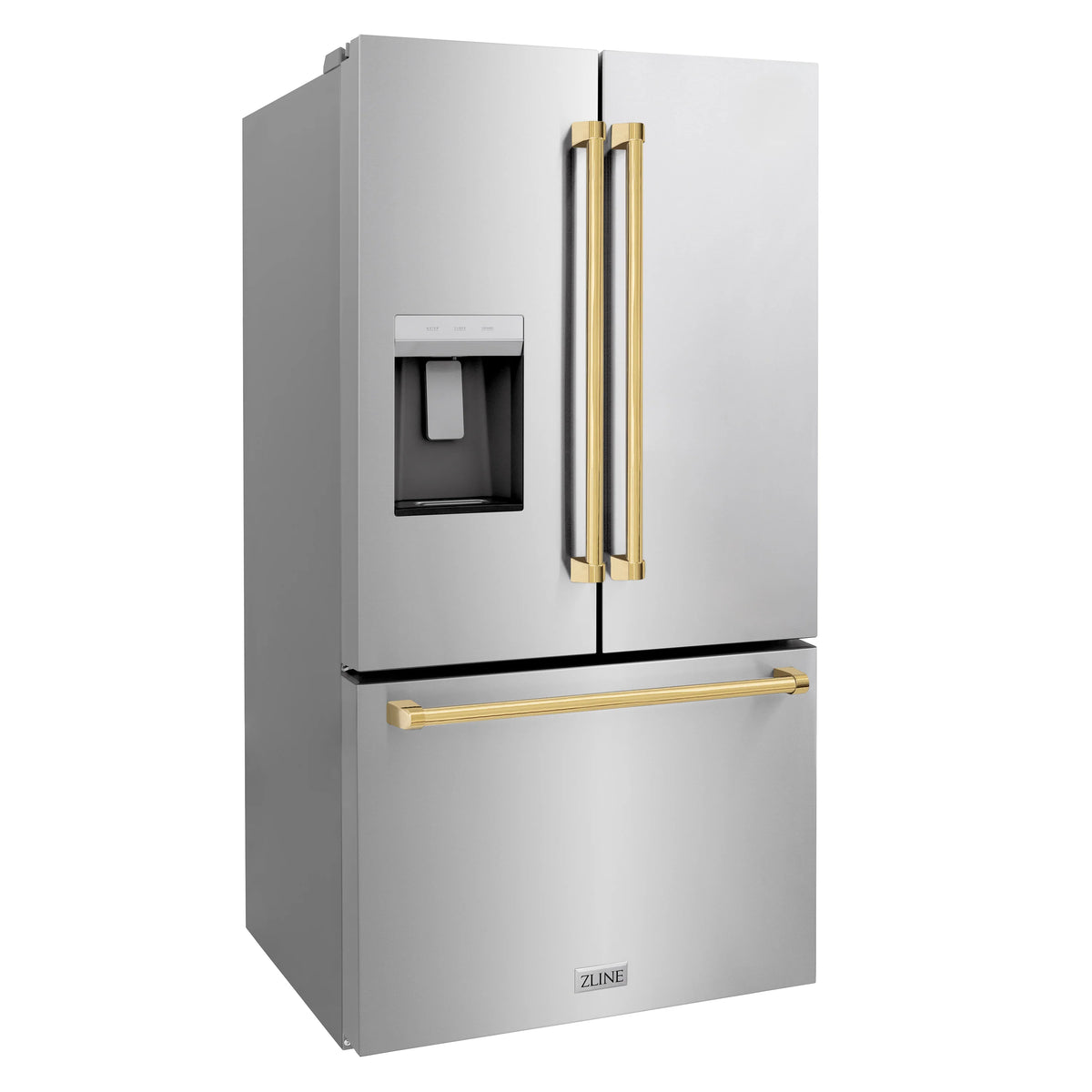 ZLINE - Autograph Edition 36 in. 28.9 cu. ft. Standard-Depth French Door External Water Dispenser Refrigerator with Dual Ice Maker in Fingerprint Resistant Stainless Steel and Polished Gold Handles (RSMZ-W-36-G)