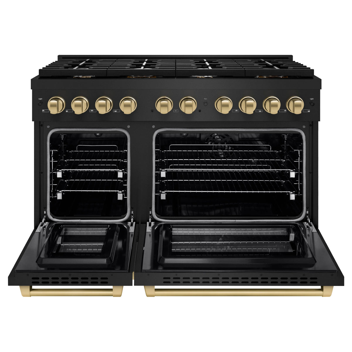 ZLINE - Autograph Edition 48 in. 6.7 cu. ft. Paramount Double Oven Dual Fuel Range with 8 Burner Gas Cooktop in Black Stainless Steel and Champagne Bronze Accents