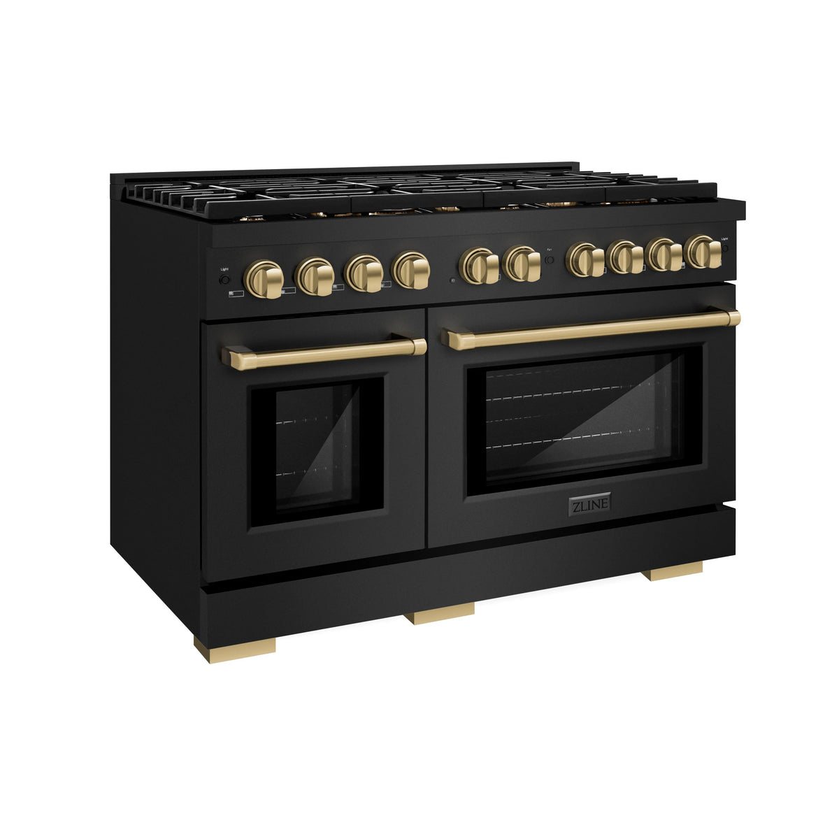 ZLINE - Autograph Edition 48 in. 6.7 cu. ft. Paramount Double Oven Dual Fuel Range with 8 Burner Gas Cooktop in Black Stainless Steel and Champagne Bronze Accents