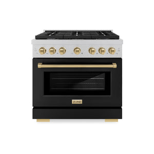 ZLINE - Autograph Edition 36 in. 5.2 cu. ft. Paramount Dual Fuel Range with 6 Burner Gas Cooktop and Electric Convection Oven in Satin Stainless Steel with Black Matte Door and Champagne Bronze Accents