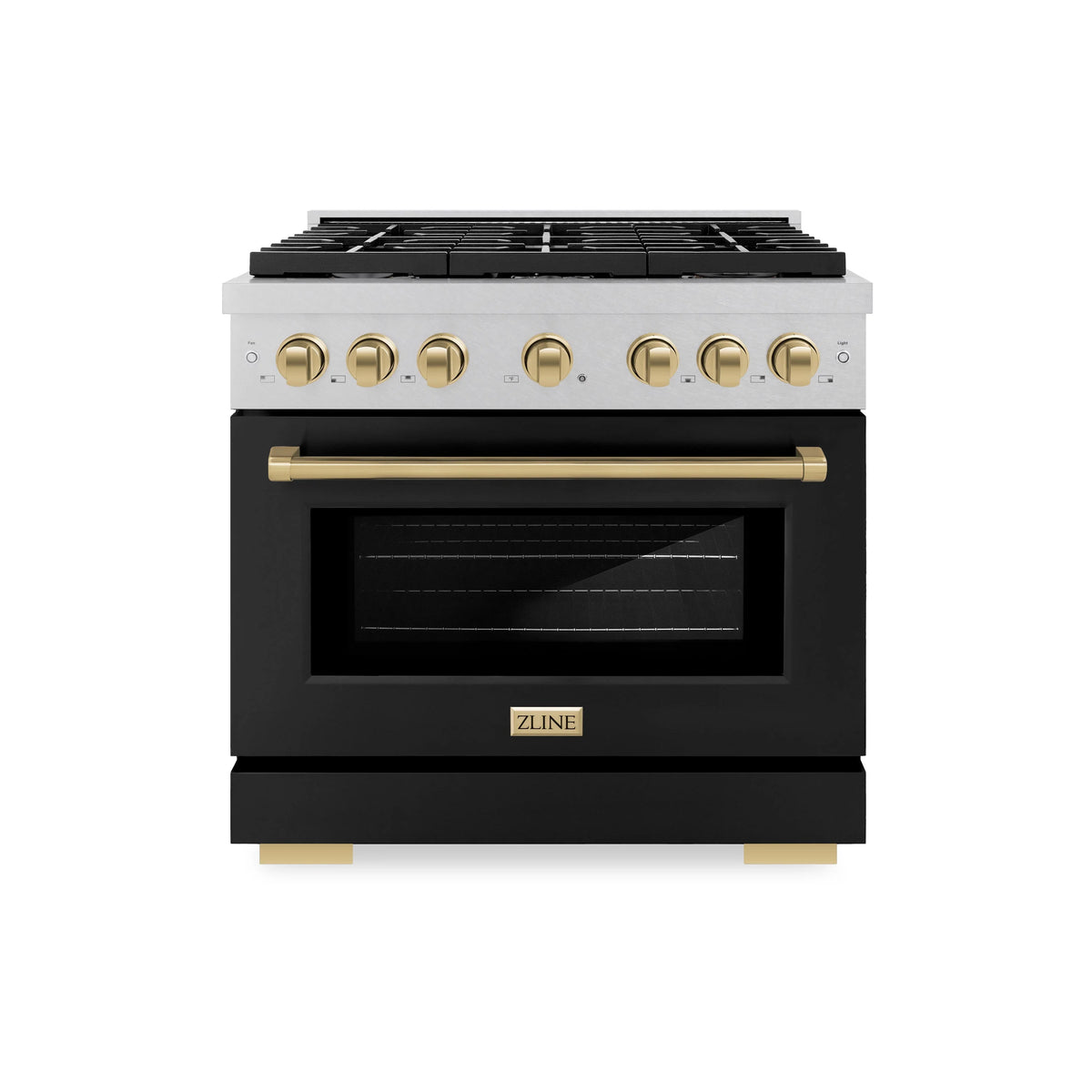 ZLINE - Autograph Edition 36 in. 5.2 cu. ft. Paramount Dual Fuel Range with 6 Burner Gas Cooktop and Electric Convection Oven in Satin Stainless Steel with Black Matte Door and Polished Gold Accents
