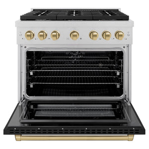 ZLINE - Autograph Edition 36 in. 5.2 cu. ft. Paramount Dual Fuel Range with 6 Burner Gas Cooktop and Electric Convection Oven in Satin Stainless Steel with Black Matte Door and Champagne Bronze Accents