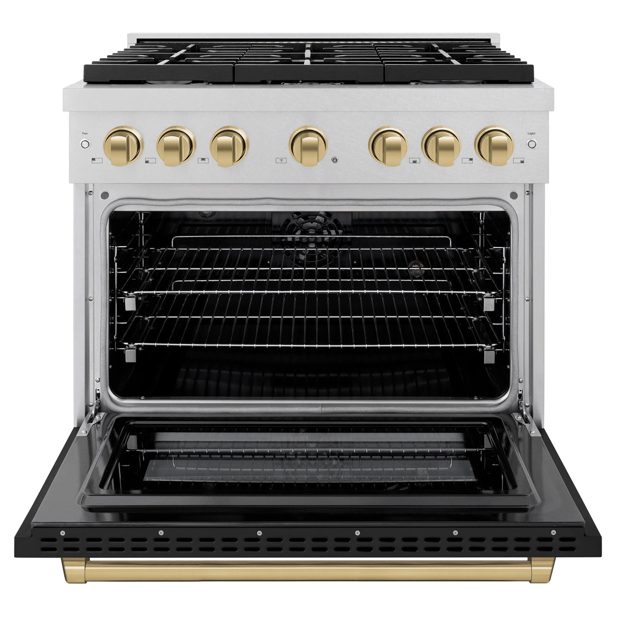 ZLINE - Autograph Edition 36 in. 5.2 cu. ft. Paramount Dual Fuel Range with 6 Burner Gas Cooktop and Electric Convection Oven in Satin Stainless Steel with Black Matte Door and Polished Gold Accents