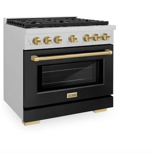 ZLINE - Autograph Edition 36 in. 5.2 cu. ft. Paramount Dual Fuel Range with 6 Burner Gas Cooktop and Electric Convection Oven in Satin Stainless Steel with Black Matte Door and Champagne Bronze Accents