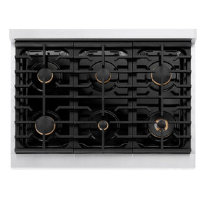 ZLINE - Autograph Edition 36 in. 5.2 cu. ft. Paramount Dual Fuel Range with 6 Burner Gas Cooktop and Electric Convection Oven in Satin Stainless Steel with Black Matte Door and Champagne Bronze Accents