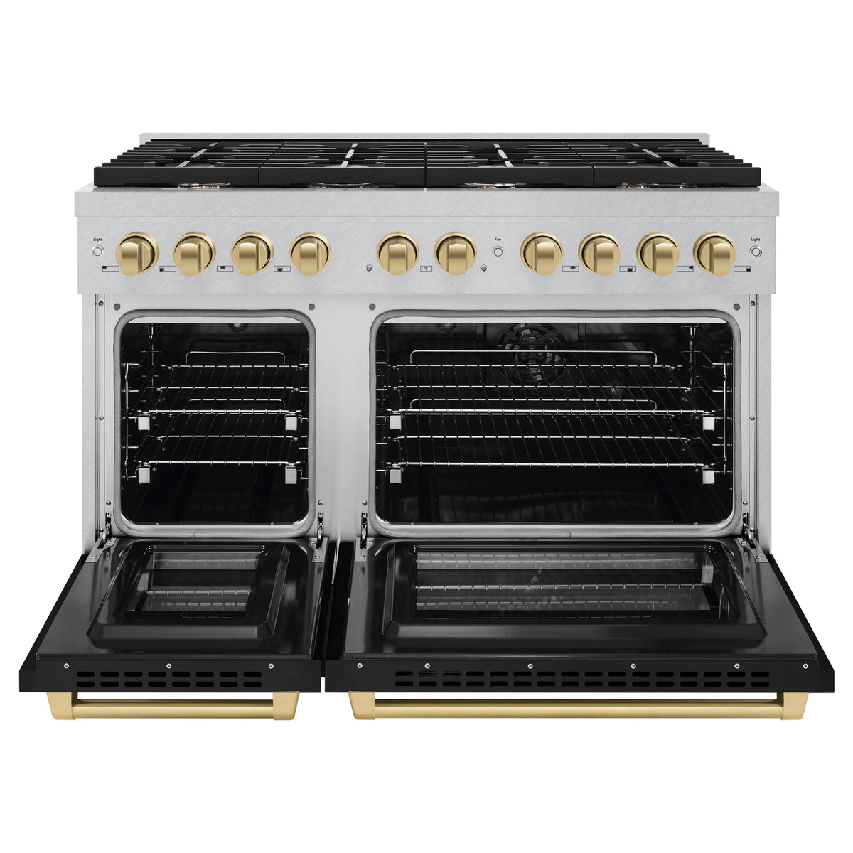 ZLINE - Autograph Edition 48 in. 6.7 cu. ft. Paramount Double Oven Dual Fuel Range with 8 Burner Gas Cooktop in Satin Stainless Steel with Black Matte Doors and Champagne Bronze Accents