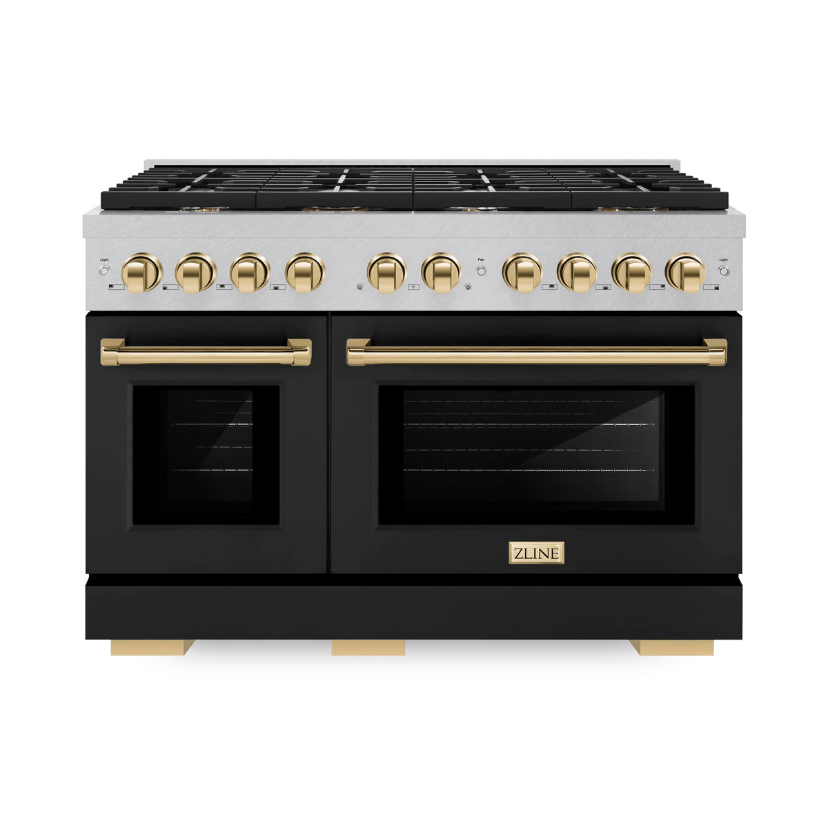ZLINE - Autograph Edition 48 in. 6.7 cu. ft. Paramount Double Oven Dual Fuel Range with 8 Burner Gas Cooktop in Satin Stainless Steel with Black Matte Doors and Polished Gold Accents