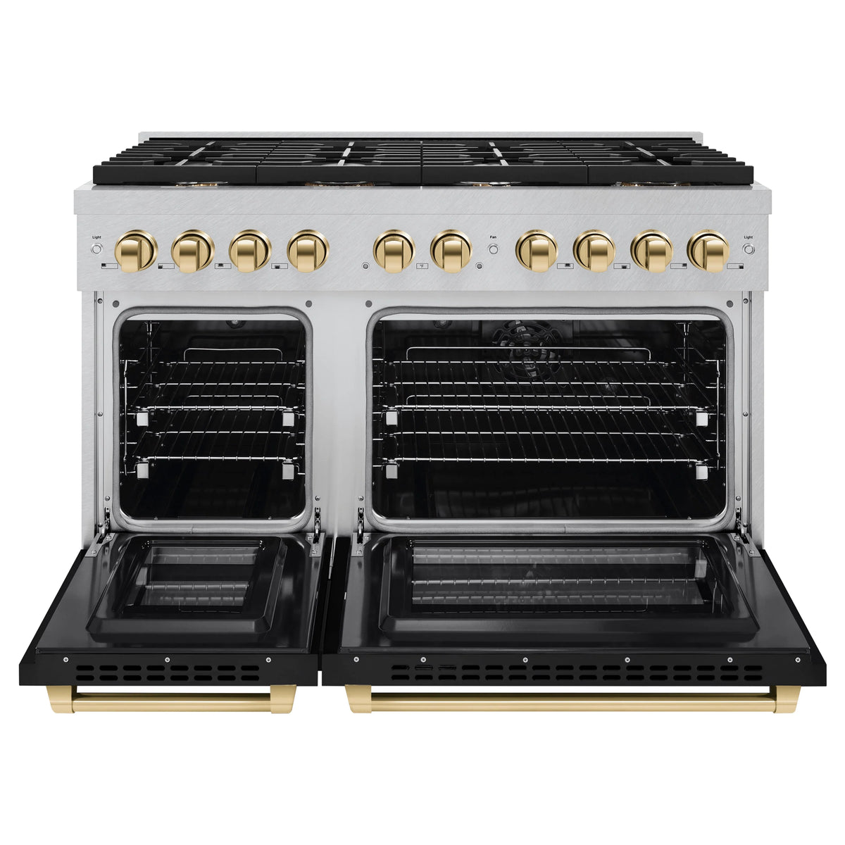 ZLINE - Autograph Edition 48 in. 6.7 cu. ft. Paramount Double Oven Dual Fuel Range with 8 Burner Gas Cooktop in Satin Stainless Steel with Black Matte Doors and Polished Gold Accents