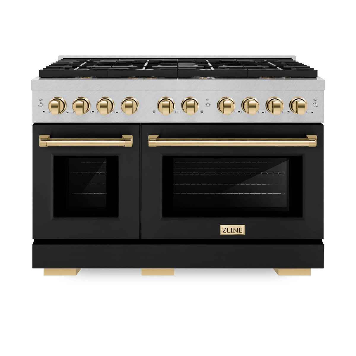 ZLINE - Autograph Edition 48 in. 6.7 cu. ft. Paramount Double Oven Dual Fuel Range with 8 Burner Gas Cooktop in Satin Stainless Steel with Black Matte Doors and Polished Gold Accents