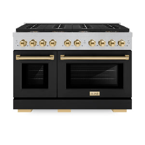 ZLINE - Autograph Edition 48 in. 6.7 cu. ft. Paramount Double Oven Dual Fuel Range with 8 Burner Gas Cooktop in Satin Stainless Steel with Black Matte Doors and Polished Gold Accents