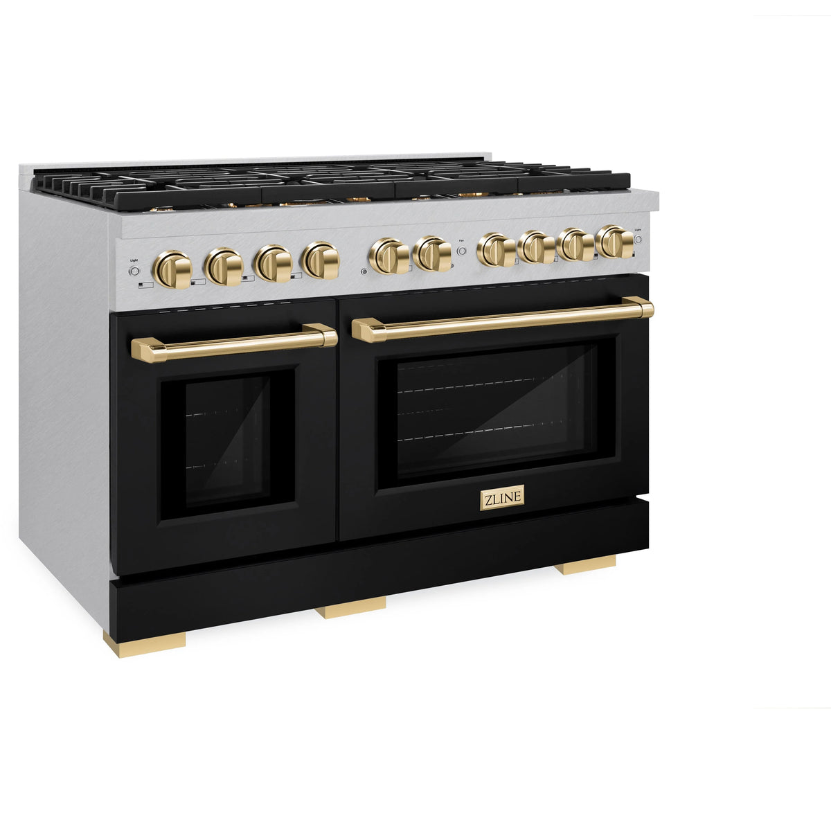 ZLINE - Autograph Edition 48 in. 6.7 cu. ft. Paramount Double Oven Dual Fuel Range with 8 Burner Gas Cooktop in Satin Stainless Steel with Black Matte Doors and Polished Gold Accents