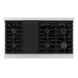 ZLINE - Autograph Edition 48 in. 6.7 cu. ft. Paramount Double Oven Dual Fuel Range with 8 Burner Gas Cooktop in Satin Stainless Steel with Black Matte Doors and Polished Gold Accents
