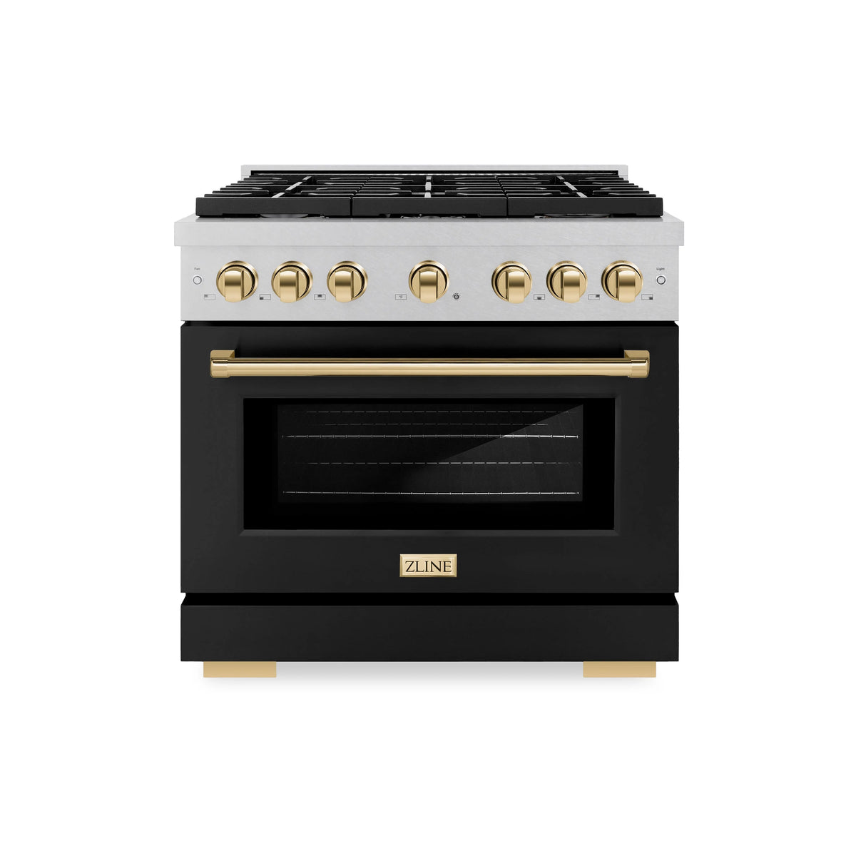 ZLINE - Autograph Edition 36 in. 5.2 cu. ft. Paramount Gas Range with 6 Burner Cooktop and Convection Gas Oven in Satin Stainless Steel with Black Matte Door and Polished Gold Accents
