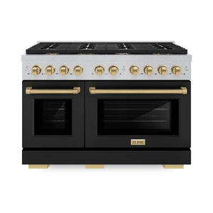 ZLINE - Autograph Edition 48 in. 6.7 cu. ft. Paramount Double Oven Gas Range with 8 Burner Cooktop in Satin Stainless Steel with Black Matte Doors and Champagne Bronze Accents