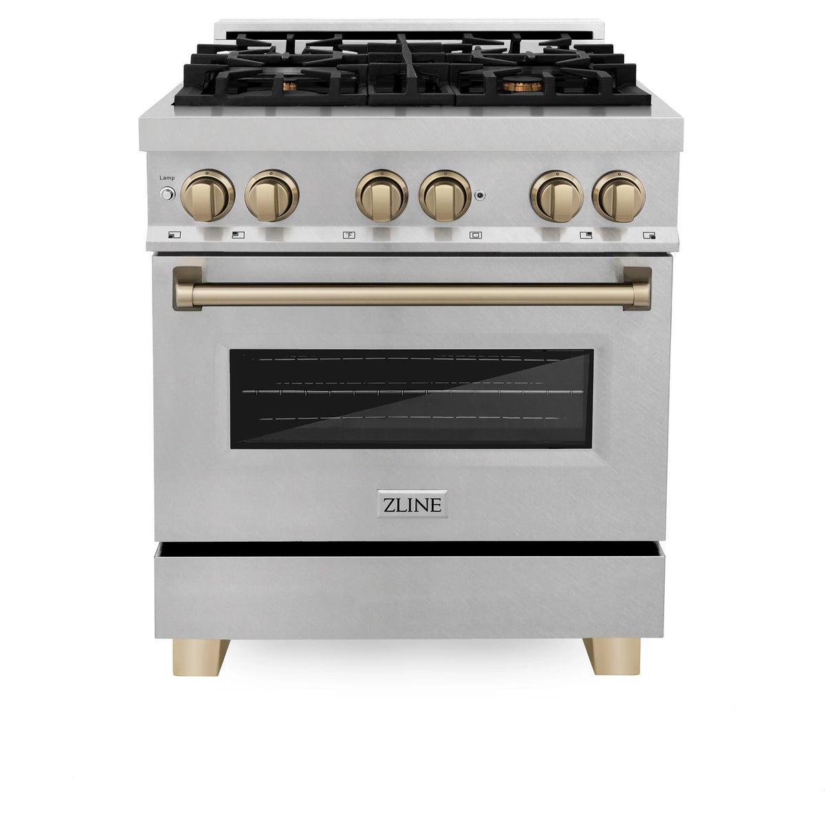 ZLINE - Autograph Edition 30 in. 4.0 cu. ft. Legacy Dual Fuel Range with 4 Burner Gas Cooktop and Electric Convection Oven in Satin Stainless Steel and Champagne Bronze Accents
