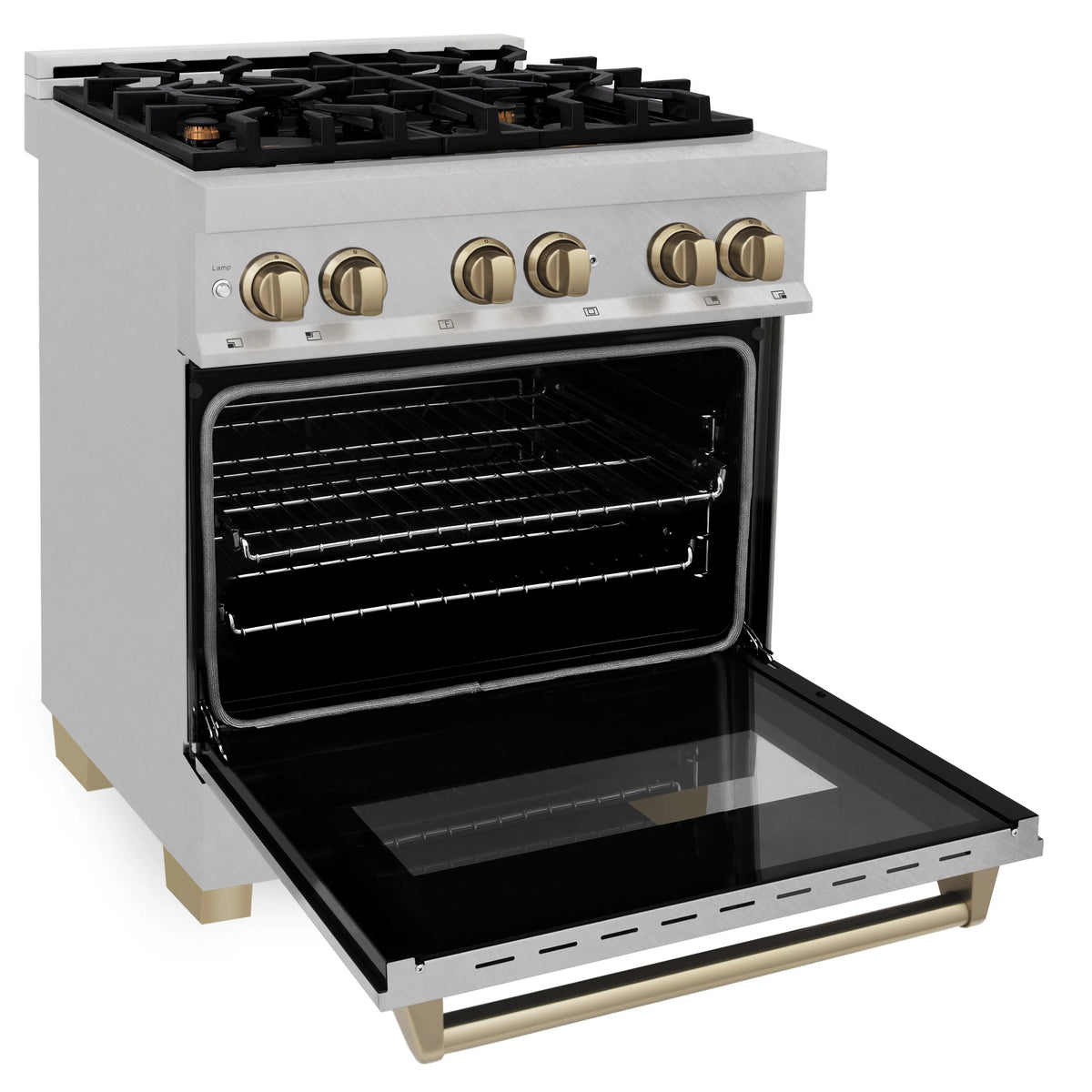 ZLINE - Autograph Edition 30 in. 4.0 cu. ft. Legacy Dual Fuel Range with 4 Burner Gas Cooktop and Electric Convection Oven in Satin Stainless Steel and Champagne Bronze Accents