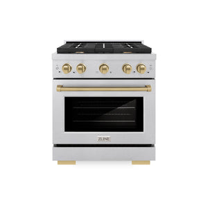 ZLINE - Autograph Edition 30 in. 4.2 cu. ft. Paramount Dual Fuel Range with 4 Burner Gas Cooktop and Electric Convection Oven in Satin Stainless Steel with Champagne Bronze Accents