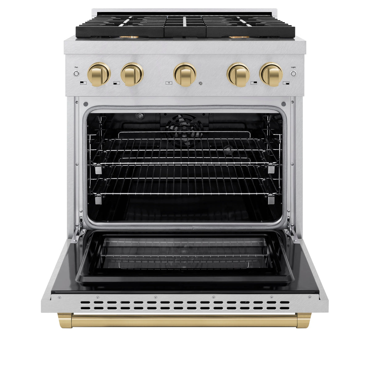 ZLINE - Autograph Edition 30 in. 4.2 cu. ft. Paramount Dual Fuel Range with 4 Burner Gas Cooktop and Electric Convection Oven in Satin Stainless Steel with Champagne Bronze Accents