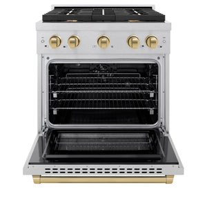 ZLINE - Autograph Edition 30 in. 4.2 cu. ft. Paramount Dual Fuel Range with 4 Burner Gas Cooktop and Electric Convection Oven in Satin Stainless Steel with Champagne Bronze Accents