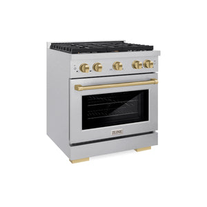 ZLINE - Autograph Edition 30 in. 4.2 cu. ft. Paramount Dual Fuel Range with 4 Burner Gas Cooktop and Electric Convection Oven in Satin Stainless Steel with Champagne Bronze Accents
