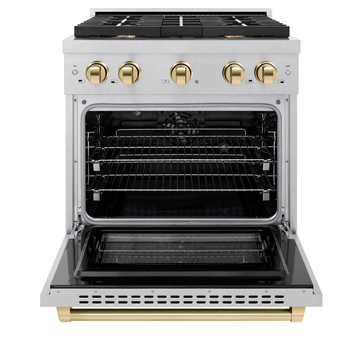 ZLINE - Autograph Edition 30 in. 4.2 cu. ft. Paramount Dual Fuel Range with 4 Burner Gas Cooktop and Electric Convection Oven in Satin Stainless Steel with Polished Gold Accents