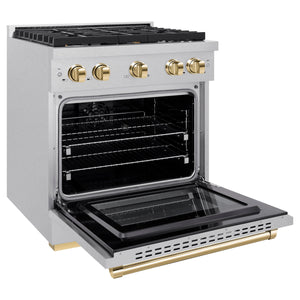 ZLINE - Autograph Edition 30 in. 4.2 cu. ft. Paramount Dual Fuel Range with 4 Burner Gas Cooktop and Electric Convection Oven in Satin Stainless Steel with Polished Gold Accents