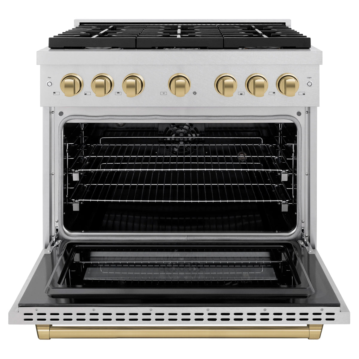 ZLINE - Autograph Edition 36 in. 5.2 cu. ft. Paramount Dual Fuel Range with 6 Burner Gas Cooktop and Electric Convection Oven in Satin Stainless Steel with Champagne Bronze Accents