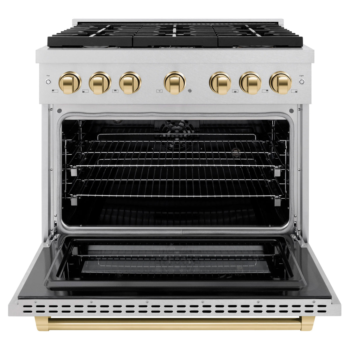 ZLINE - Autograph Edition 36 in. 5.2 cu. ft. Paramount Dual Fuel Range with 6 Burner Gas Cooktop and Electric Convection Oven in Satin Stainless Steel with Polished Gold Accents