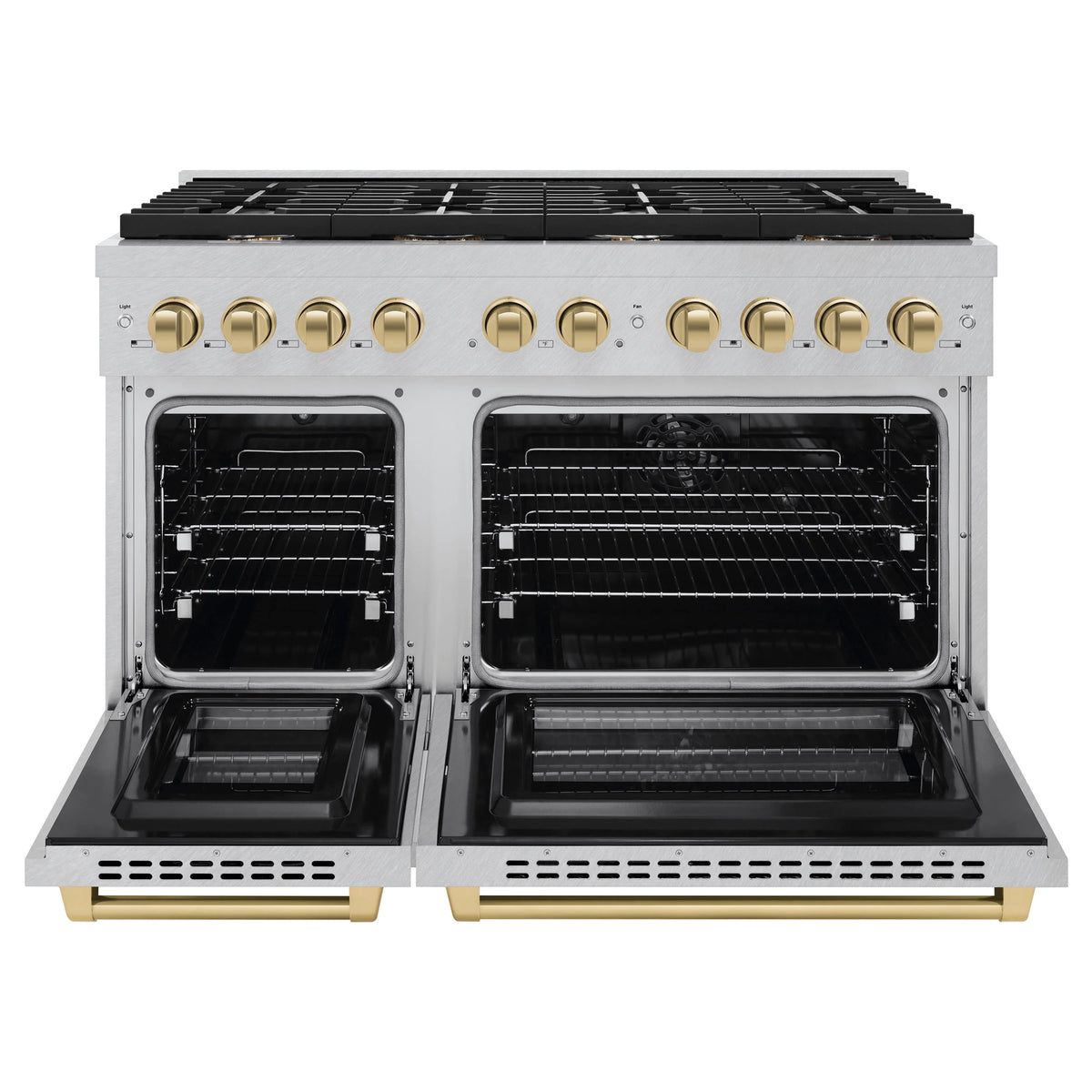 ZLINE - Autograph Edition 48 in. 6.7 cu. ft. Paramount Double Oven Dual Fuel Range with 8 Burner Gas Cooktop in Satin Stainless Steel and Champagne Bronze Accents