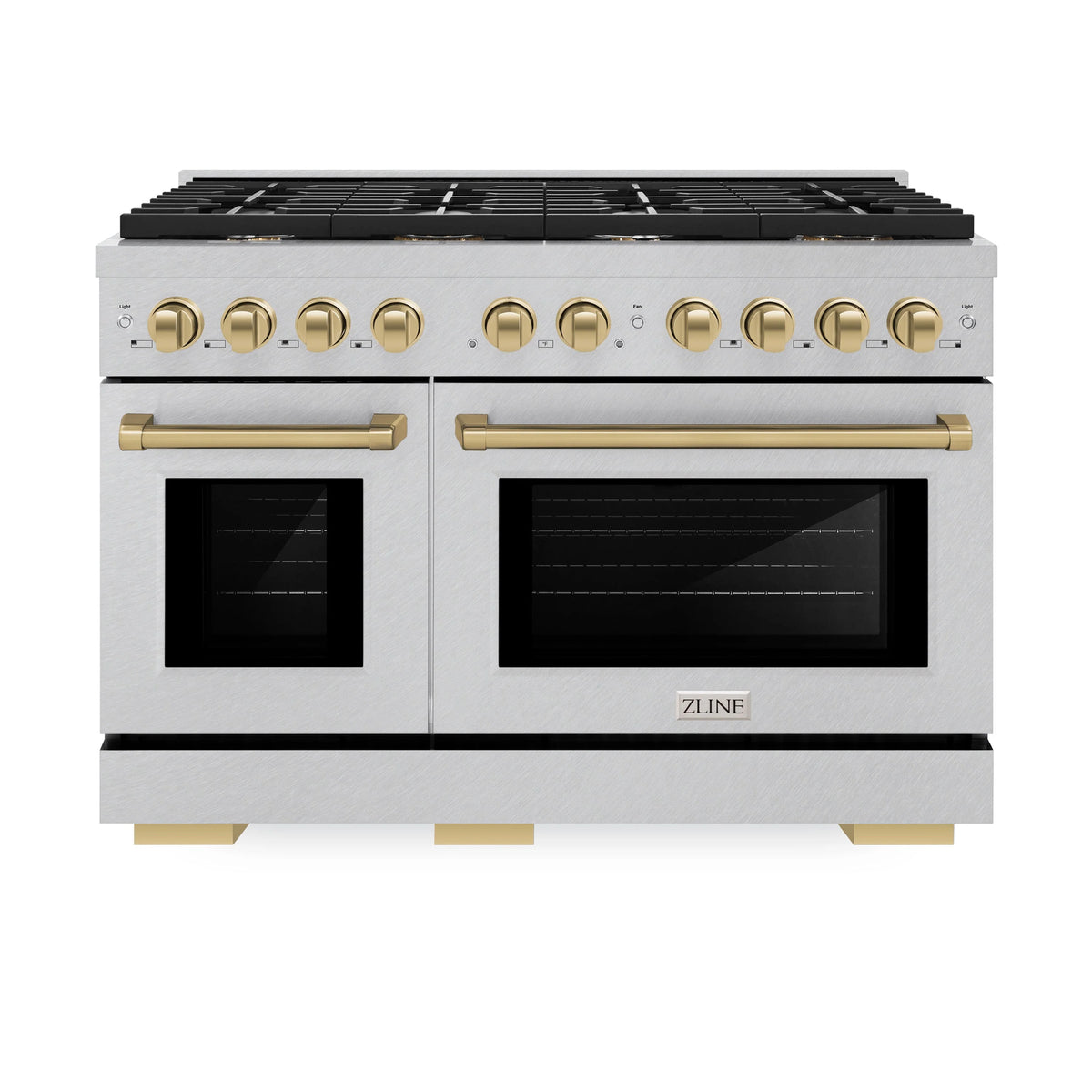 ZLINE - Autograph Edition 48 in. 6.7 cu. ft. Paramount Double Oven Dual Fuel Range with 8 Burner Gas Cooktop in Satin Stainless Steel and Champagne Bronze Accents