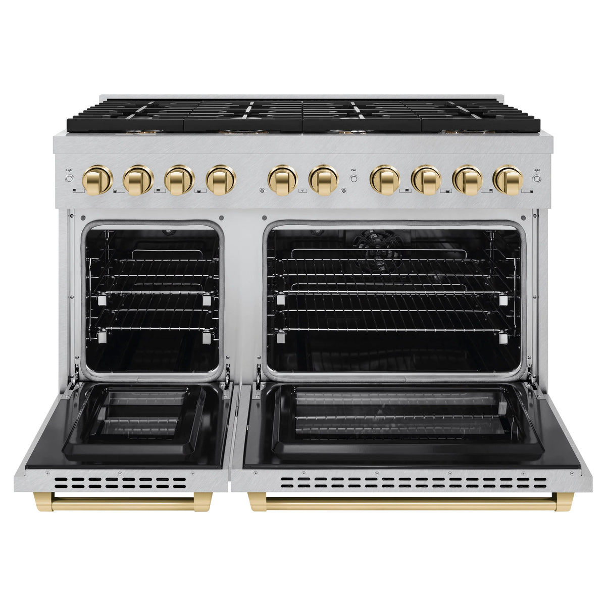 ZLINE - Autograph Edition 48 in. 6.7 cu. ft. Paramount Double Oven Dual Fuel Range with 8 Burner Gas Cooktop in Satin Stainless Steel and Polished Gold Accents