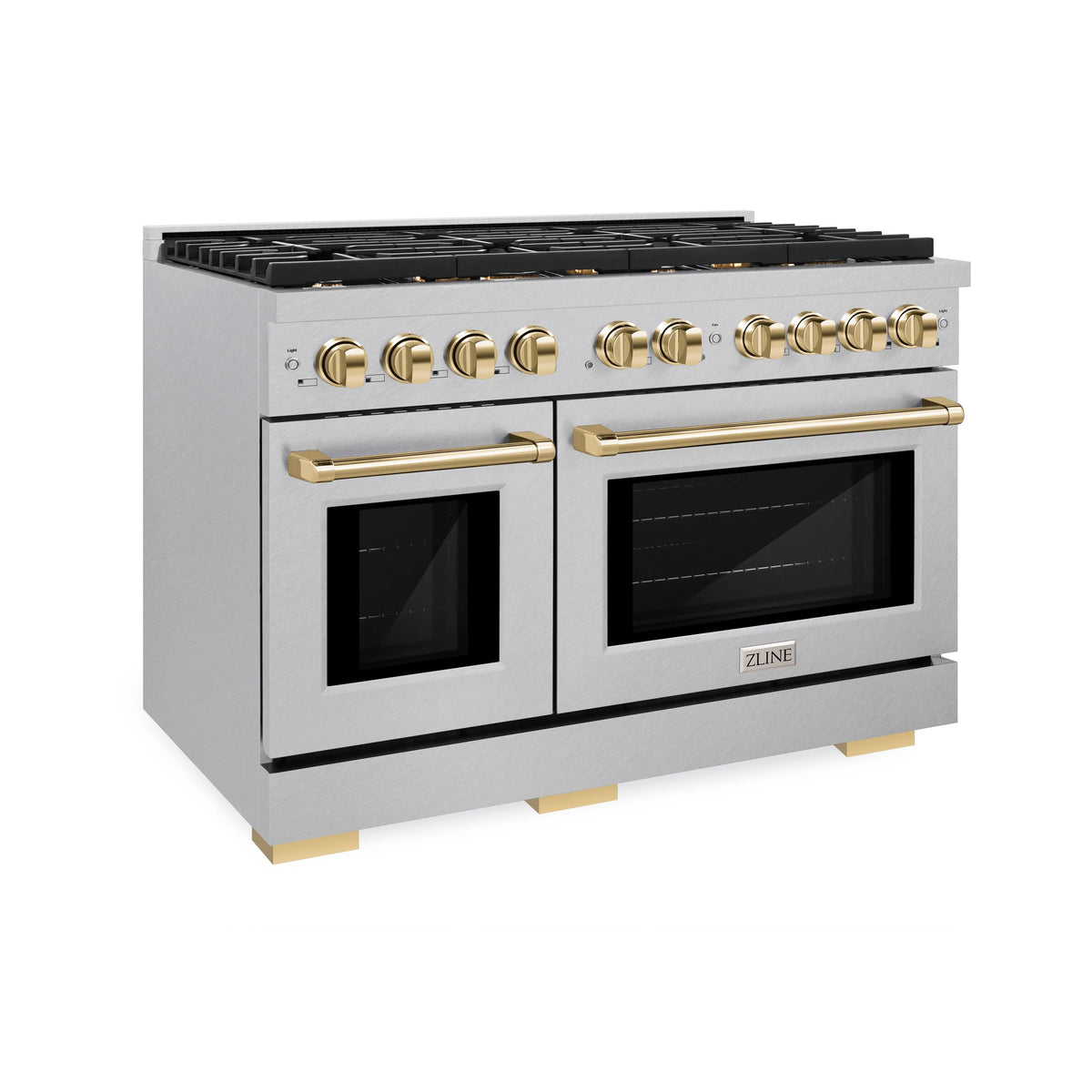 ZLINE - Autograph Edition 48 in. 6.7 cu. ft. Paramount Double Oven Dual Fuel Range with 8 Burner Gas Cooktop in Satin Stainless Steel and Polished Gold Accents