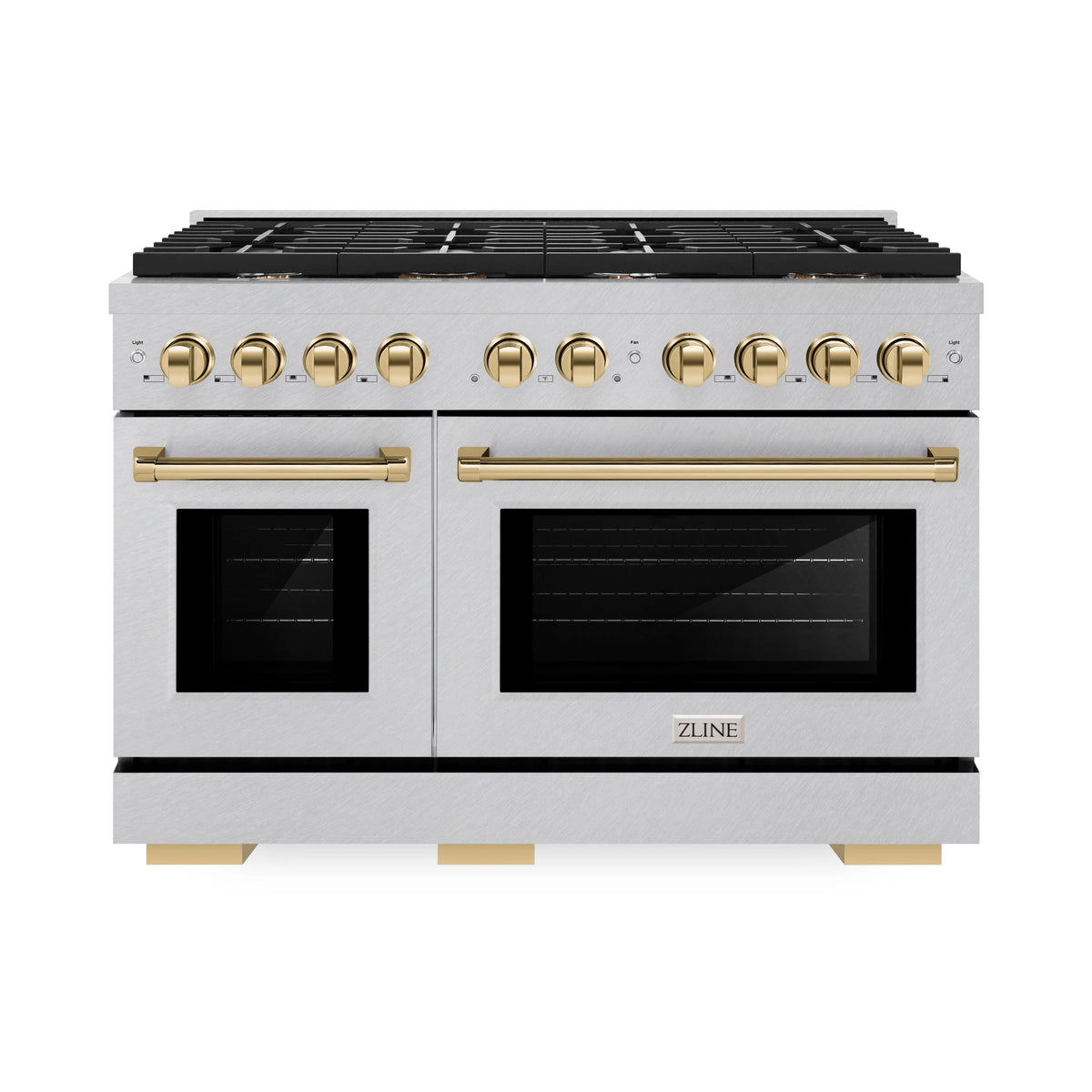 ZLINE - Autograph Edition 48 in. 6.7 cu. ft. Paramount Double Oven Gas Range with 8 Burner Cooktop in Satin Stainless Steel and Polished Gold Accents