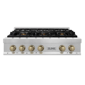 ZLINE - Autograph Edition 36 in. Legacy Gas Rangetop with 6 Burners and Porcelain Cooktop in Satin Stainless Steel with Champagne Bronze Accents