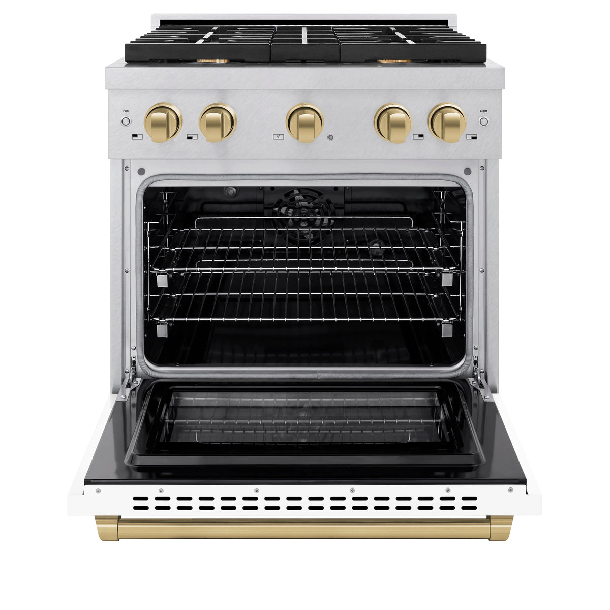 ZLINE - Autograph Edition 30 in. 4.2 cu. ft. Paramount Dual Fuel Range with 4 Burner Gas Cooktop and Electric Convection Oven in Satin Stainless Steel with White Matte Door and Champagne Bronze Accents