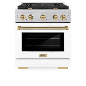 ZLINE - Autograph Edition 30 in. 4.2 cu. ft. Paramount Dual Fuel Range with 4 Burner Gas Cooktop and Electric Convection Oven in Satin Stainless Steel with White Matte Door and Champagne Bronze Accents