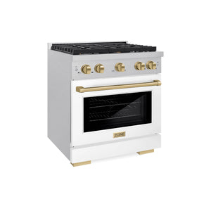 ZLINE - Autograph Edition 30 in. 4.2 cu. ft. Paramount Dual Fuel Range with 4 Burner Gas Cooktop and Electric Convection Oven in Satin Stainless Steel with White Matte Door and Champagne Bronze Accents