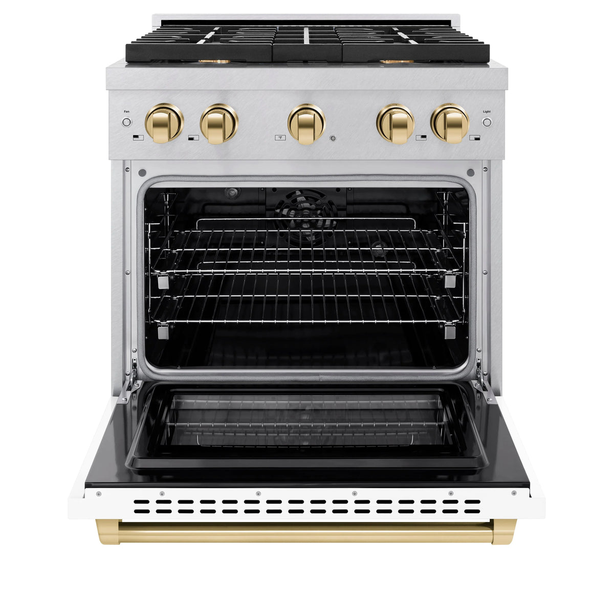 ZLINE - Autograph Edition 30 in. 4.2 cu. ft. Paramount Dual Fuel Range with 4 Burner Gas Cooktop and Electric Convection Oven in Satin Stainless Steel with White Matte Door and Polished Gold Accents