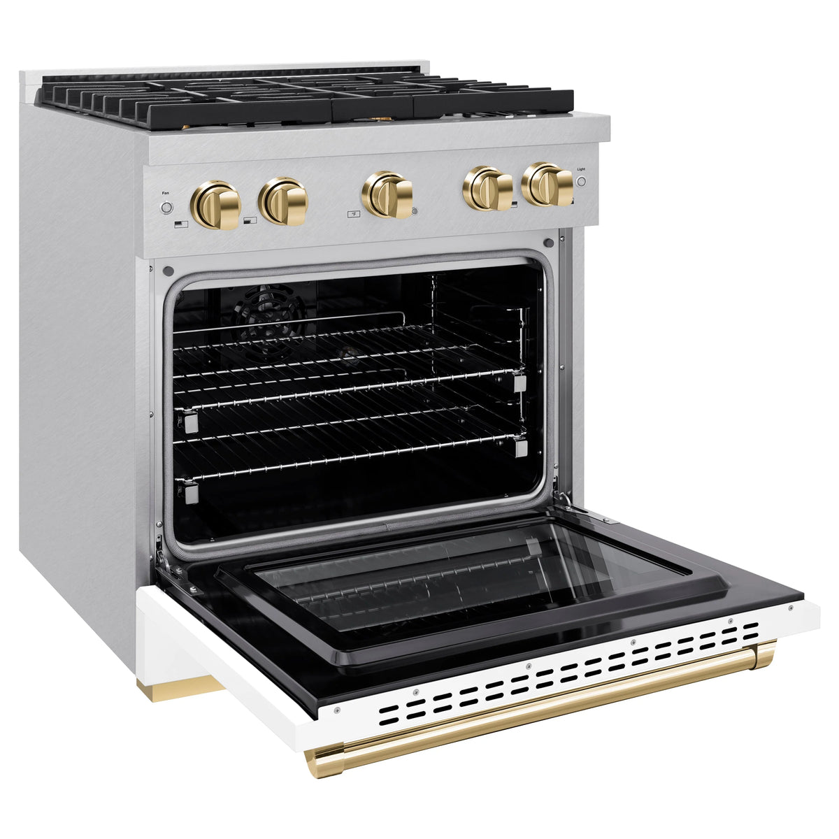 ZLINE - Autograph Edition 30 in. 4.2 cu. ft. Paramount Dual Fuel Range with 4 Burner Gas Cooktop and Electric Convection Oven in Satin Stainless Steel with White Matte Door and Polished Gold Accents