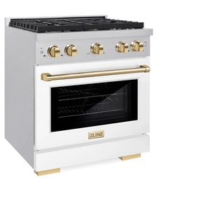 ZLINE - Autograph Edition 30 in. 4.2 cu. ft. Paramount Dual Fuel Range with 4 Burner Gas Cooktop and Electric Convection Oven in Satin Stainless Steel with White Matte Door and Polished Gold Accents