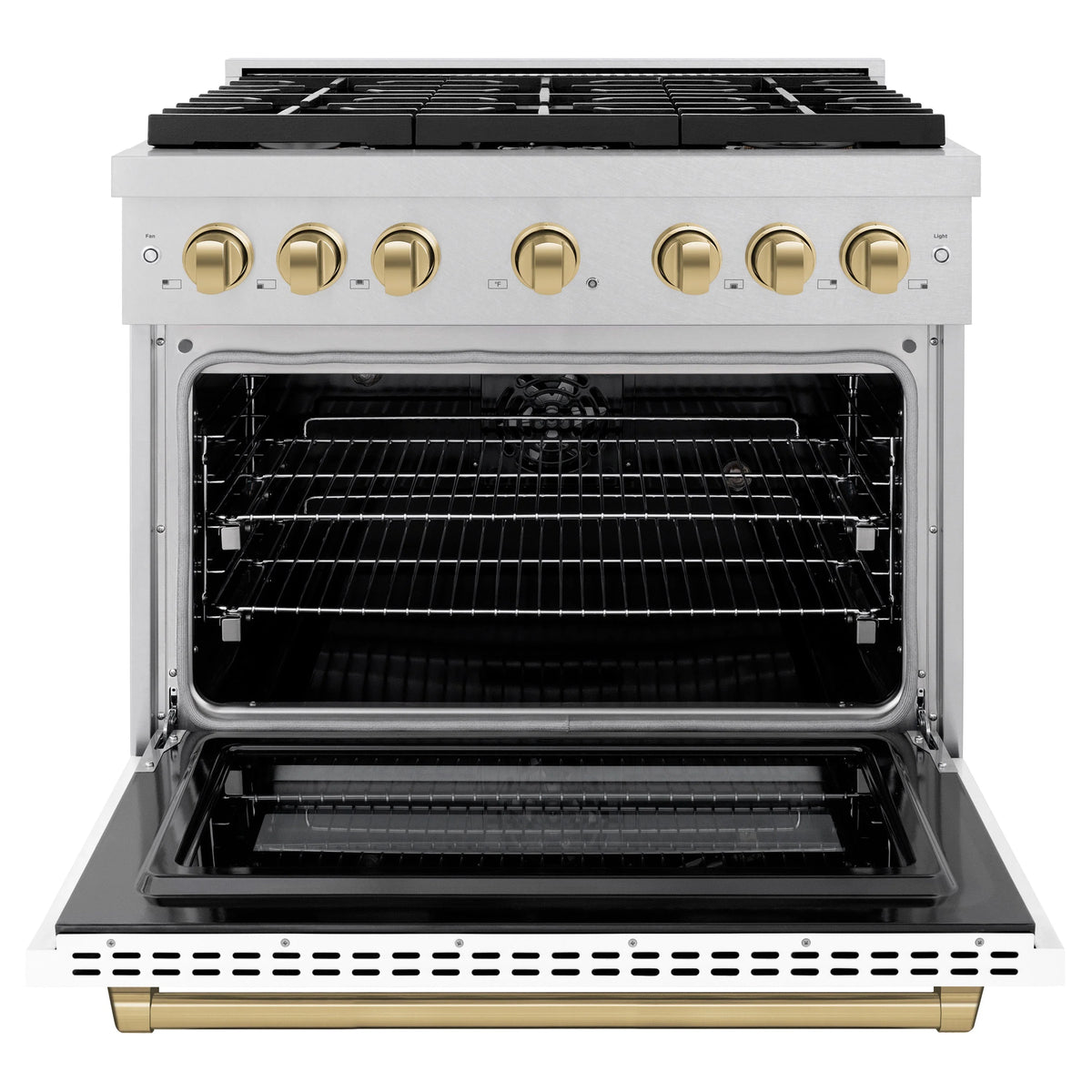 ZLINE - Autograph Edition 36 in. 5.2 cu. ft. Paramount Dual Fuel Range with 6 Burner Gas Cooktop and Electric Convection Oven in Satin Stainless Steel with White Matte Door and Champagne Bronze Accents