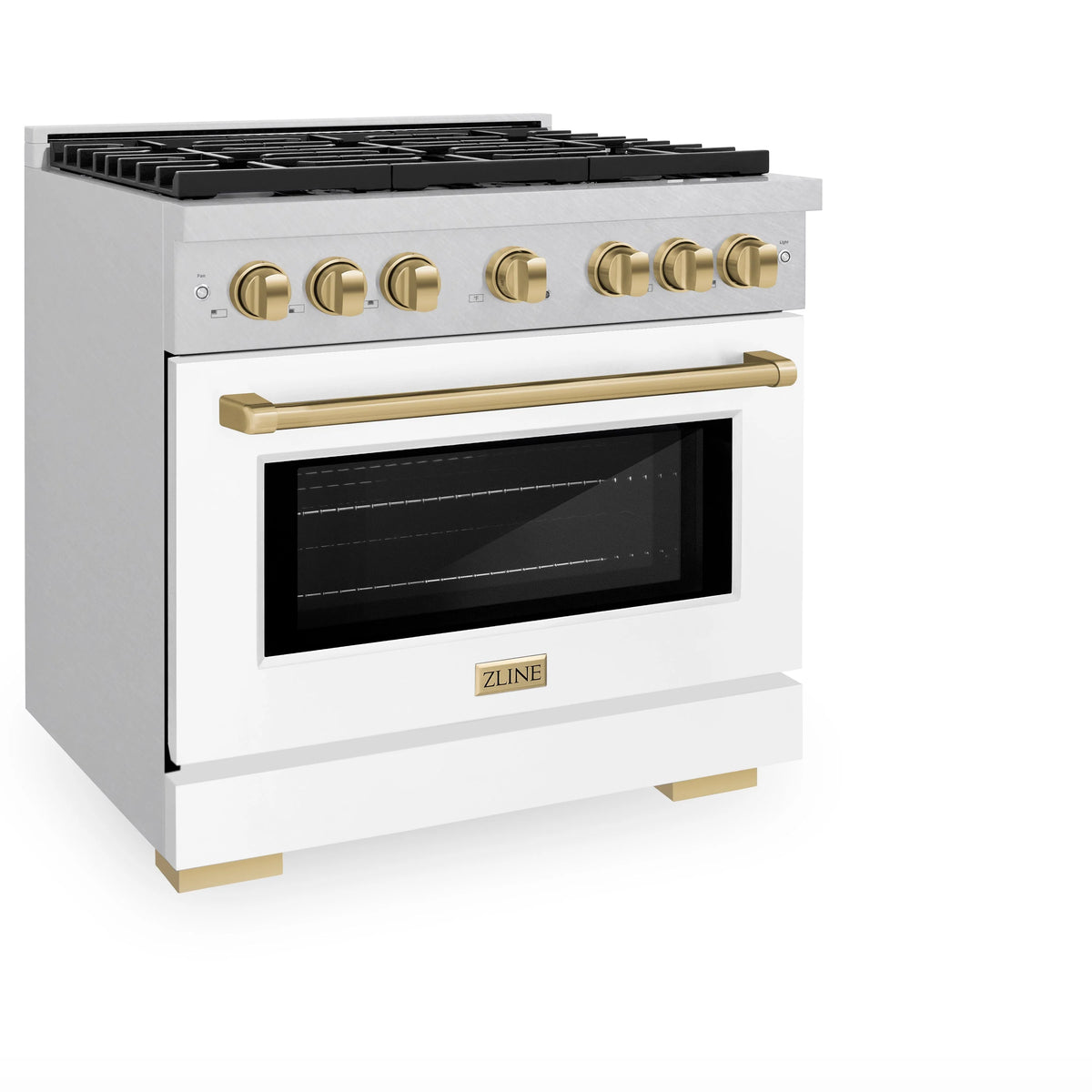 ZLINE - Autograph Edition 36 in. 5.2 cu. ft. Paramount Dual Fuel Range with 6 Burner Gas Cooktop and Electric Convection Oven in Satin Stainless Steel with White Matte Door and Champagne Bronze Accents