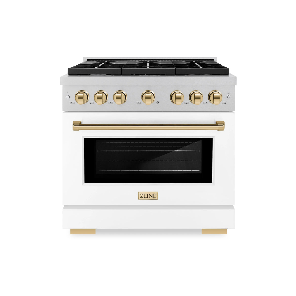 ZLINE - Autograph Edition 36 in. 5.2 cu. ft. Paramount Dual Fuel Range with 6 Burner Gas Cooktop and Electric Convection Oven in Satin Stainless Steel with White Matte Door and Polished Gold Accents (SDRSZ-WM-36-G)