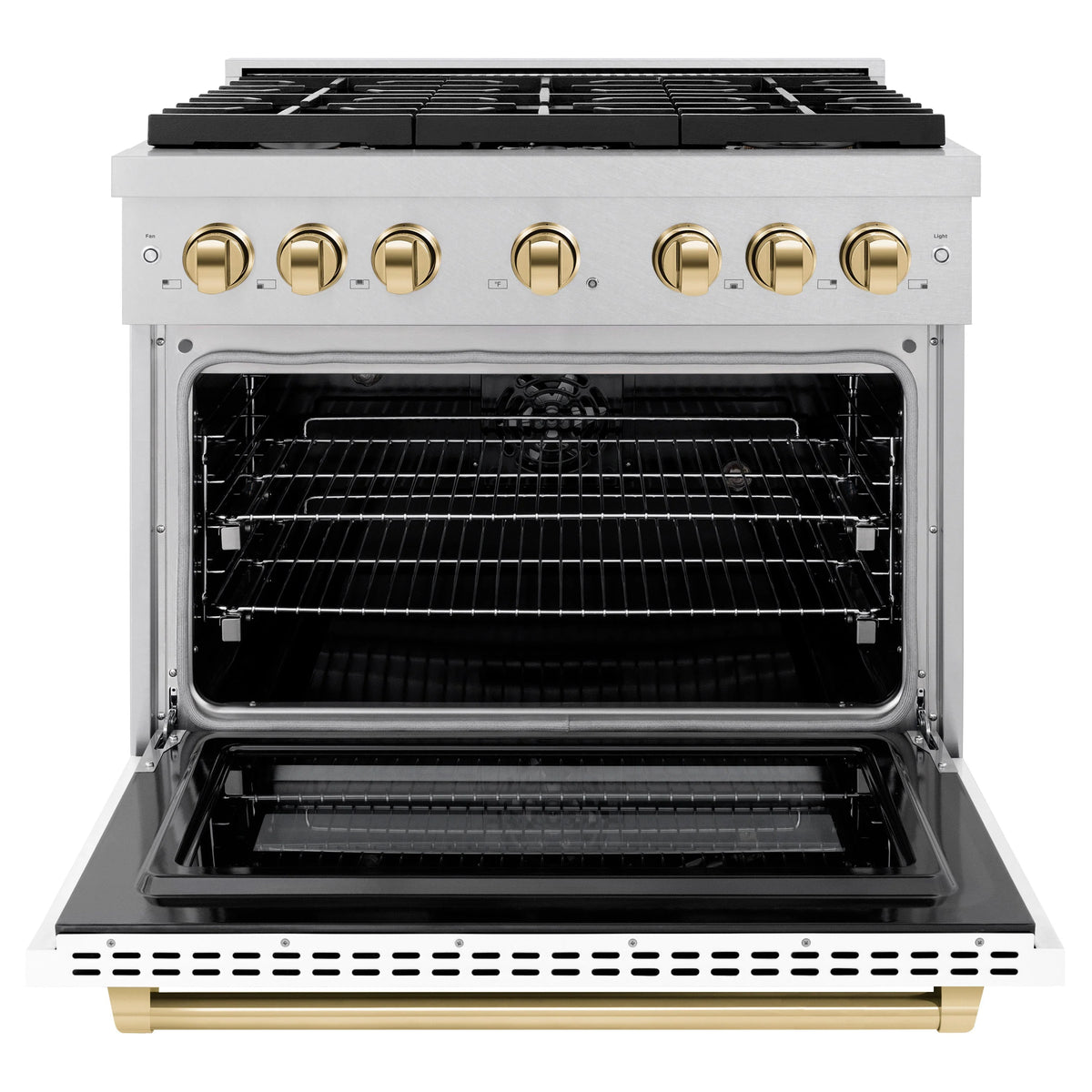 ZLINE - Autograph Edition 36 in. 5.2 cu. ft. Paramount Dual Fuel Range with 6 Burner Gas Cooktop and Electric Convection Oven in Satin Stainless Steel with White Matte Door and Polished Gold Accents (SDRSZ-WM-36-G)
