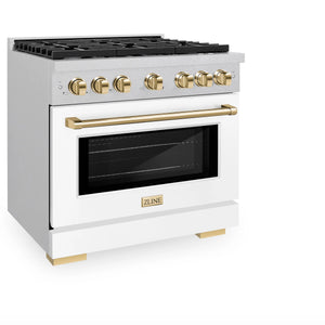ZLINE - Autograph Edition 36 in. 5.2 cu. ft. Paramount Dual Fuel Range with 6 Burner Gas Cooktop and Electric Convection Oven in Satin Stainless Steel with White Matte Door and Polished Gold Accents (SDRSZ-WM-36-G)