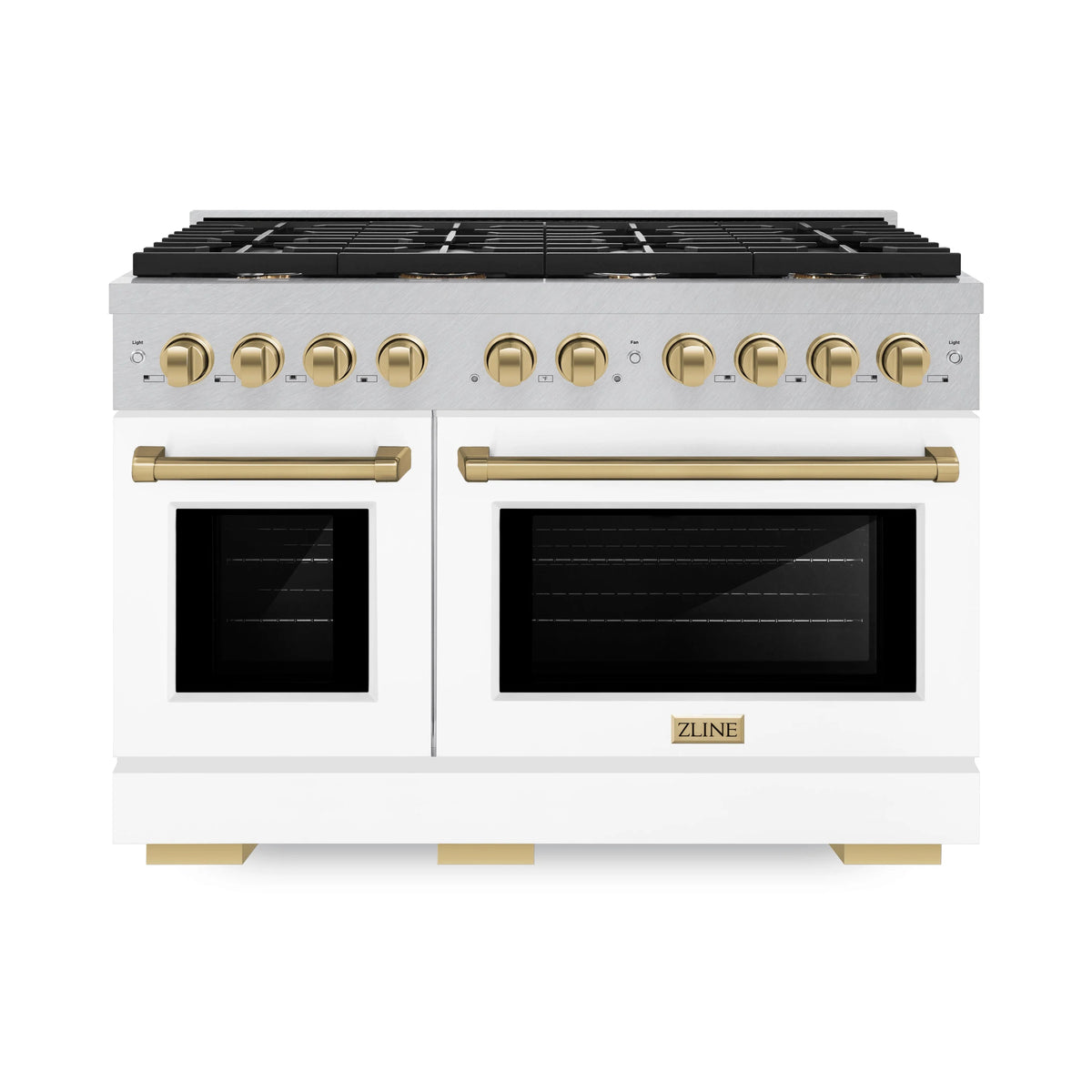 ZLINE - Autograph Edition 48 in. 6.7 cu. ft. Paramount Double Oven Dual Fuel Range with 8 Burner Gas Cooktop in Satin Stainless Steel with White Matte Doors and Champagne Bronze Accents