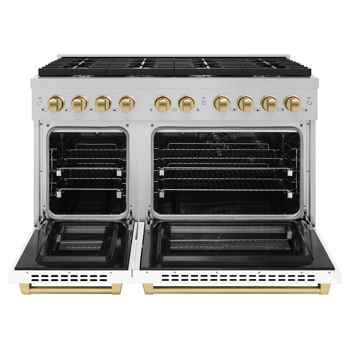 ZLINE - Autograph Edition 48 in. 6.7 cu. ft. Paramount Double Oven Dual Fuel Range with 8 Burner Gas Cooktop in Satin Stainless Steel with White Matte Doors and Champagne Bronze Accents