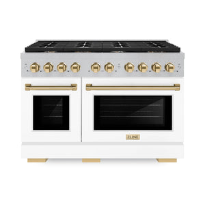 ZLINE - Autograph Edition 48 in. 6.7 cu. ft. Paramount Double Oven Dual Fuel Range with 8 Burner Gas Cooktop in Satin Stainless Steel with White Matte Doors and Polished Gold Accents